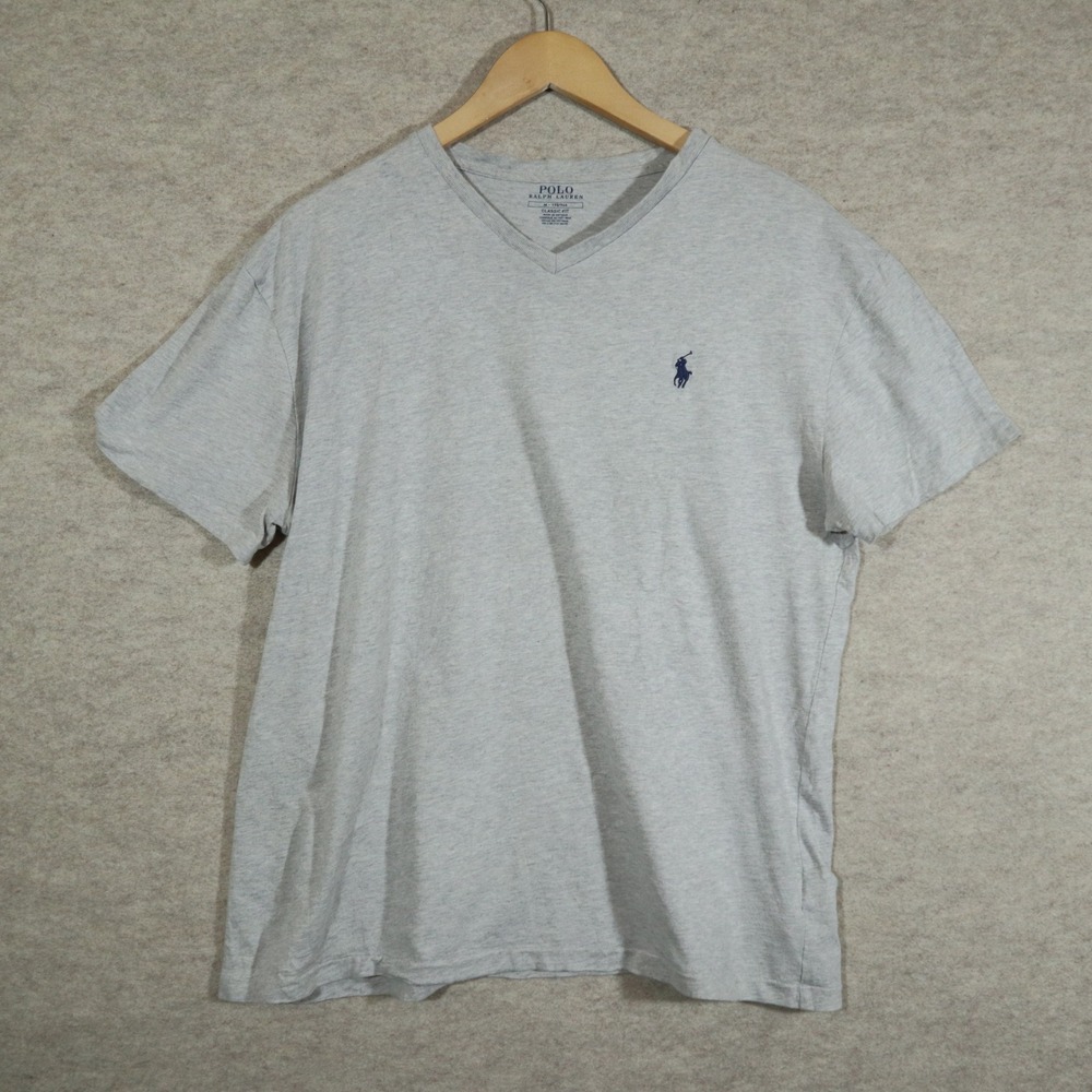 Polo Ralph Lauren Mens V-Neck T-Shirt Size M Gray Classic Fit Short Sleeve Pony
